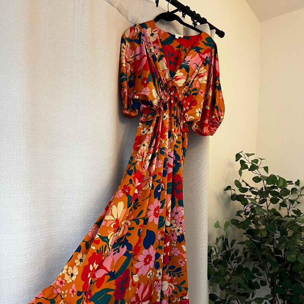 Orange Floral Satin Deep V-Neck Puff Sleeve Maternity Maxi Dress